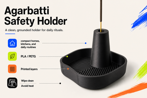 Agarbatti Safety Holder product detail and care graphic by Parallel Objects