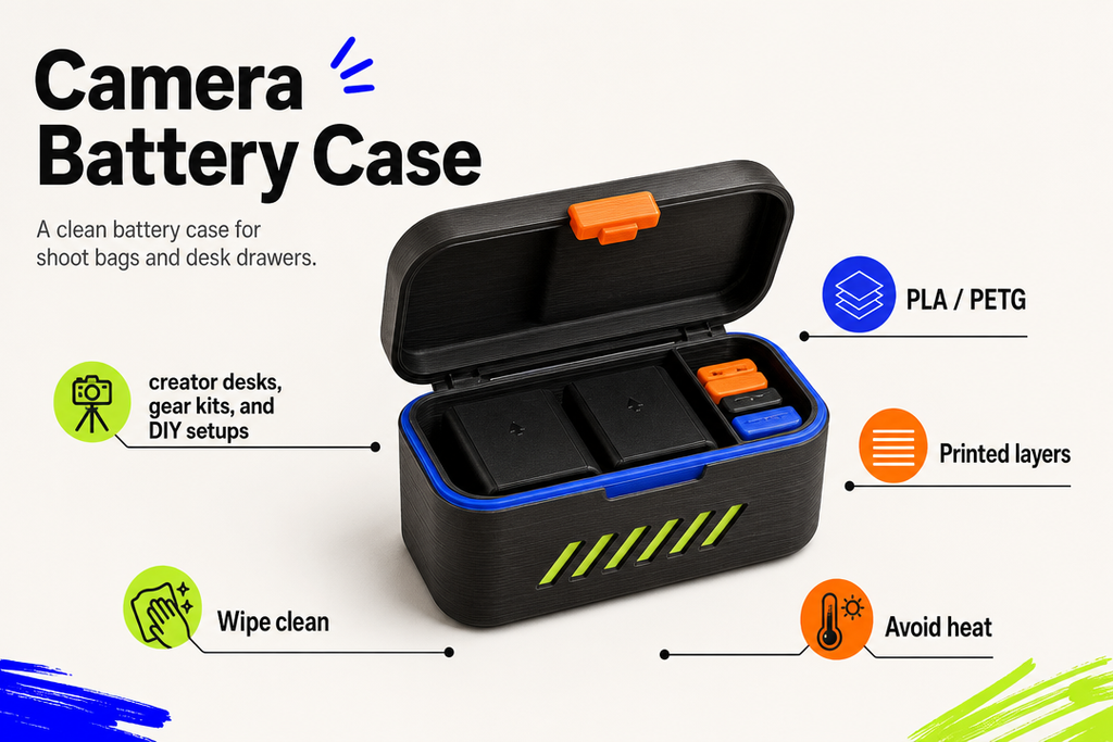 Camera Battery Case product detail and care graphic by Parallel Objects