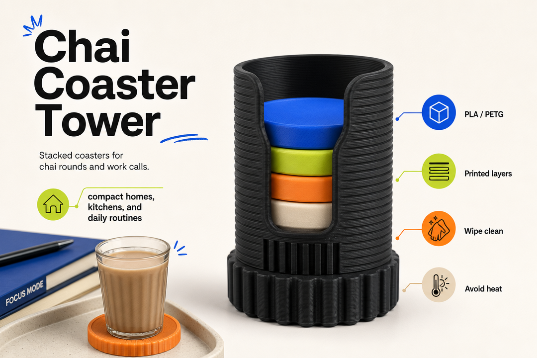 Chai Coaster Tower product detail and care graphic by Parallel Objects