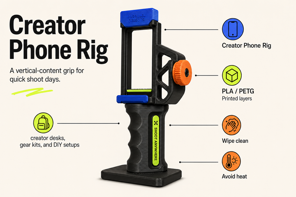 Creator Phone Rig product detail and care graphic by Parallel Objects