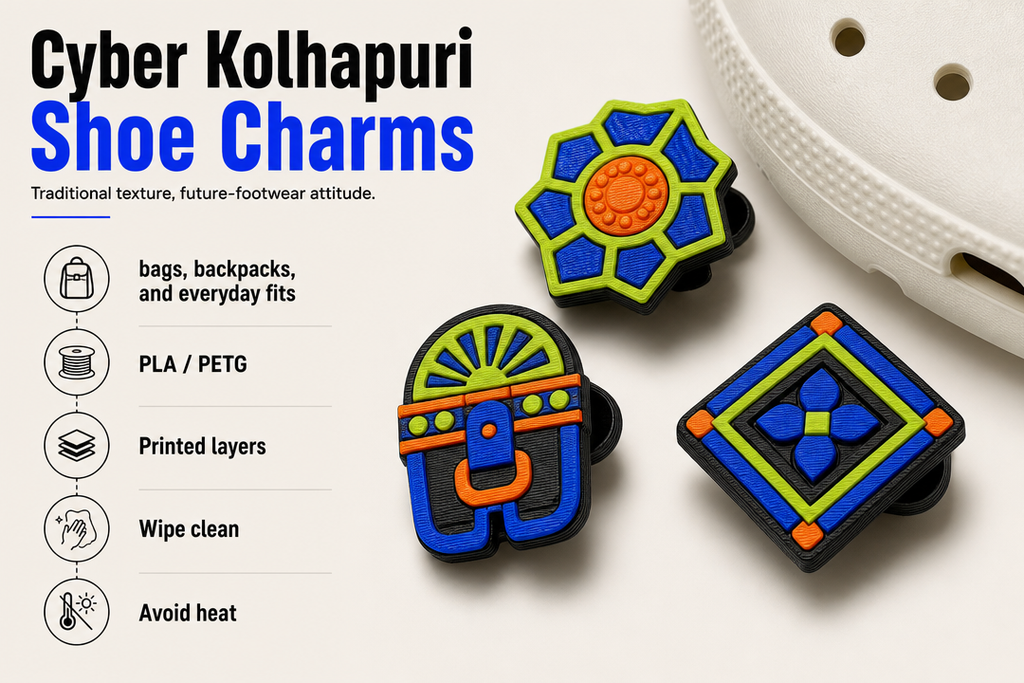 Cyber Kolhapuri Shoe Charms product detail and care graphic by Parallel Objects
