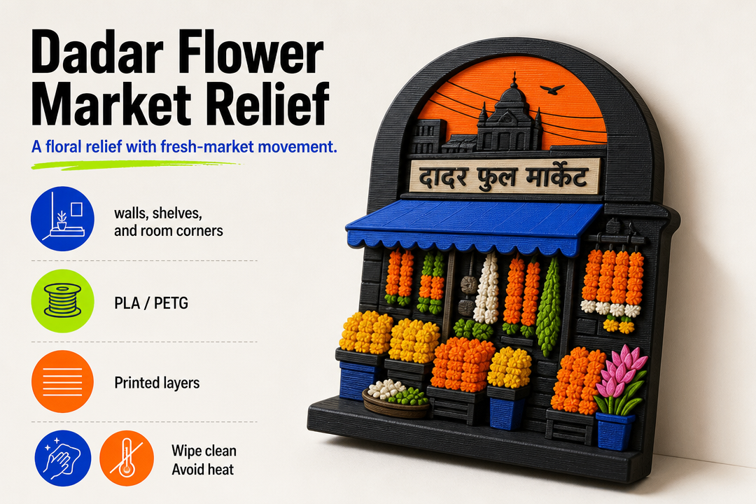 Dadar Flower Market Relief product detail and care graphic by Parallel Objects