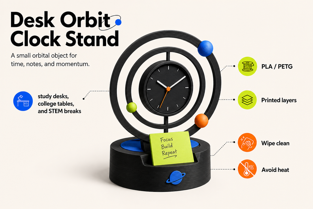 Desk Orbit Clock Stand product detail and care graphic by Parallel Objects