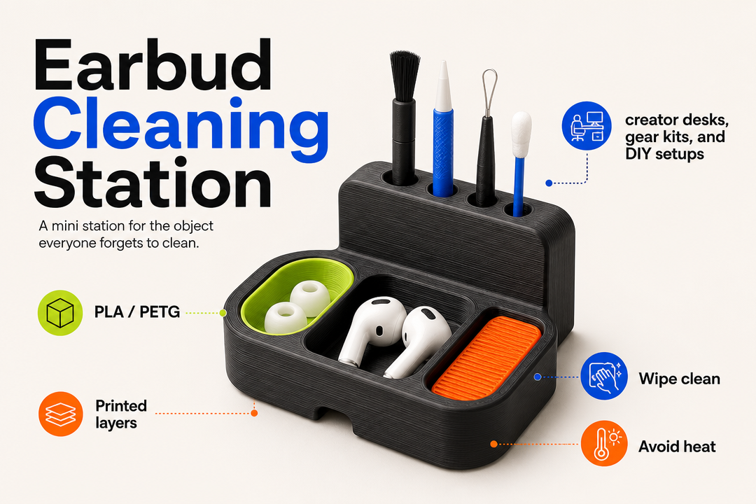 Earbud Cleaning Station product detail and care graphic by Parallel Objects