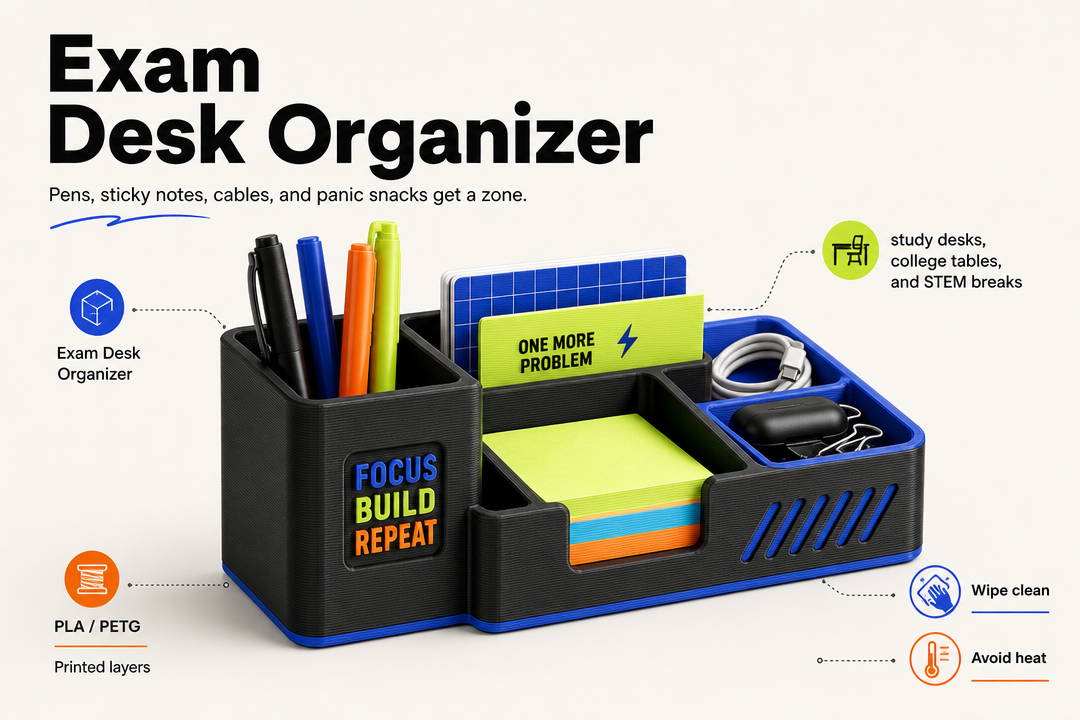 Exam Desk Organizer product detail and care graphic by Parallel Objects
