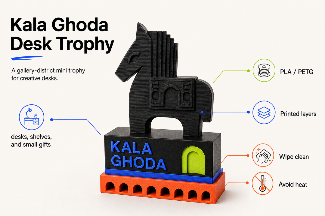 Kala Ghoda Desk Trophy product detail and care graphic by Parallel Objects