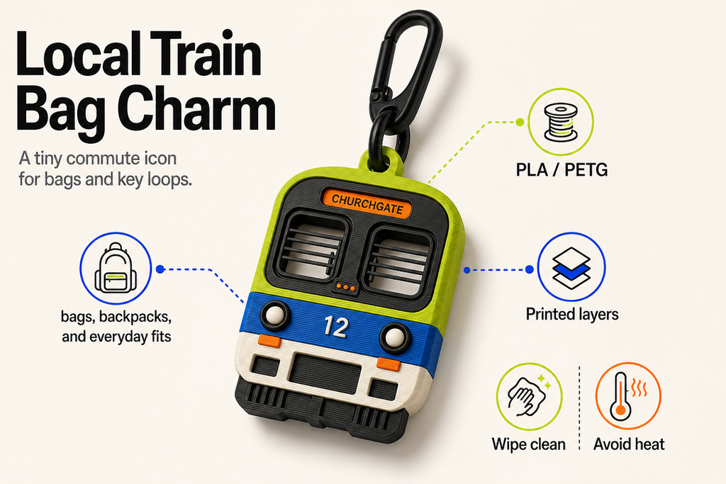 Local Train Bag Charm product detail and care graphic by Parallel Objects