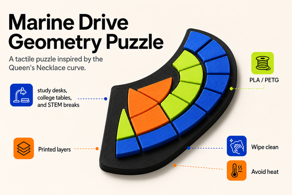 Marine Drive Geometry Puzzle product detail and care graphic by Parallel Objects