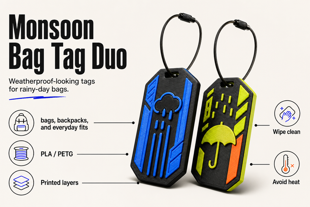Monsoon Bag Tag Duo product detail and care graphic by Parallel Objects