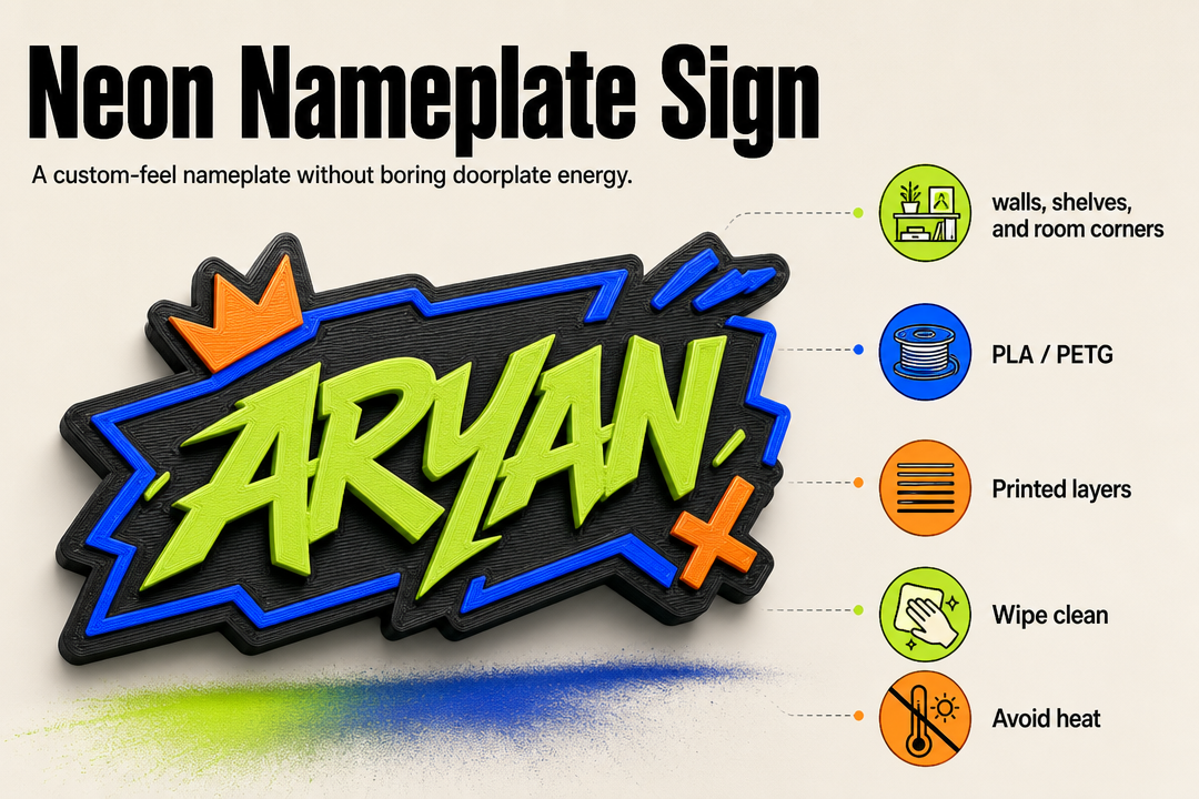 Neon Nameplate Sign product detail and care graphic by Parallel Objects