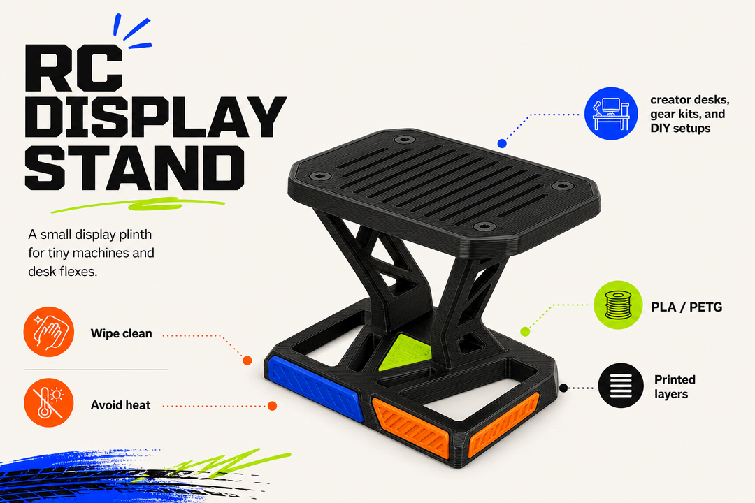 RC Display Stand product detail and care graphic by Parallel Objects