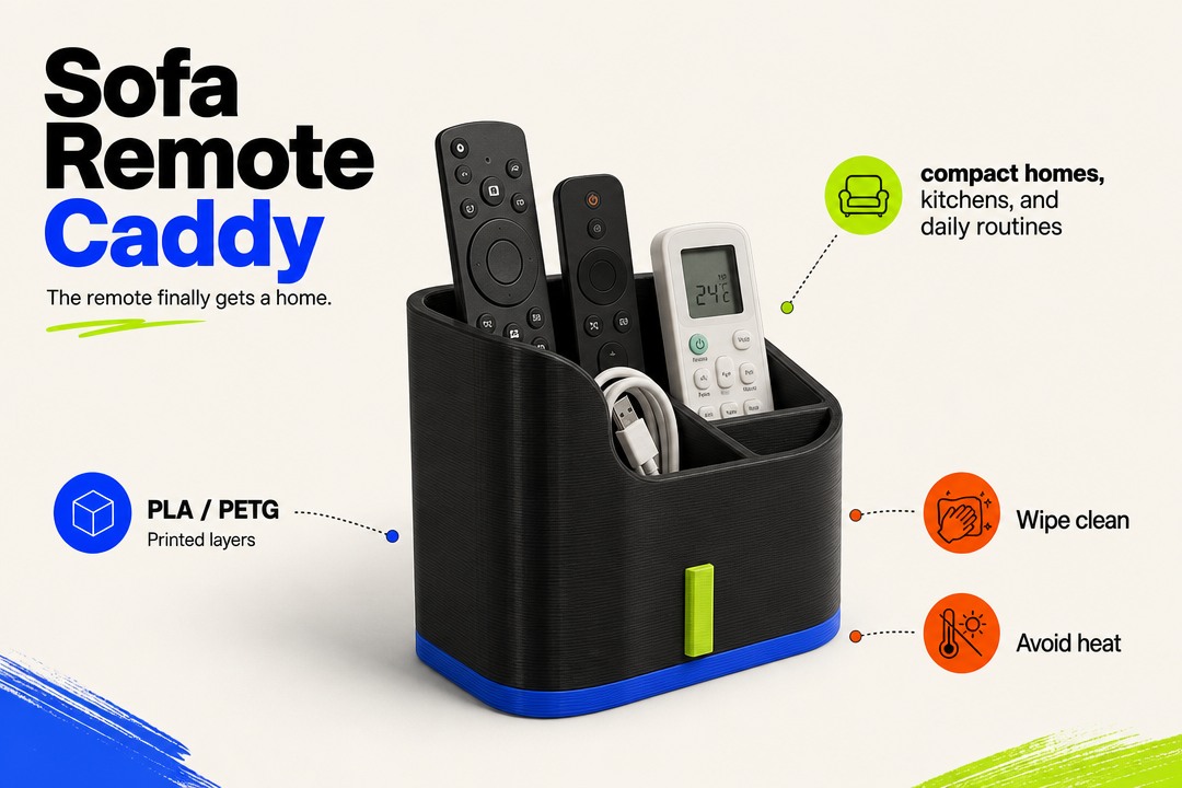 Sofa Remote Caddy product detail and care graphic by Parallel Objects