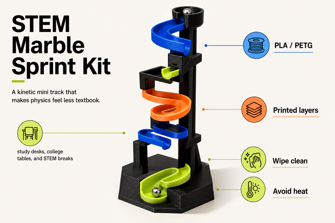 STEM Marble Sprint Kit product detail and care graphic by Parallel Objects