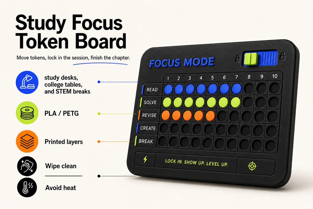 Study Focus Token Board product detail and care graphic by Parallel Objects