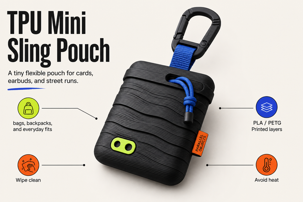 TPU Mini Sling Pouch product detail and care graphic by Parallel Objects