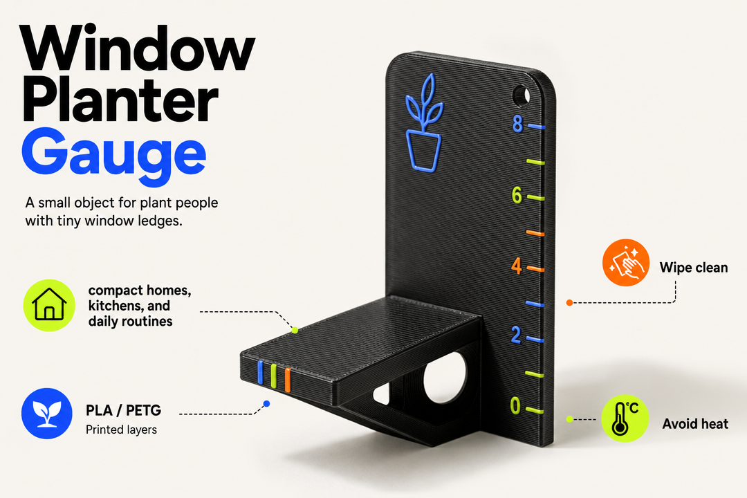 Window Planter Gauge product detail and care graphic by Parallel Objects