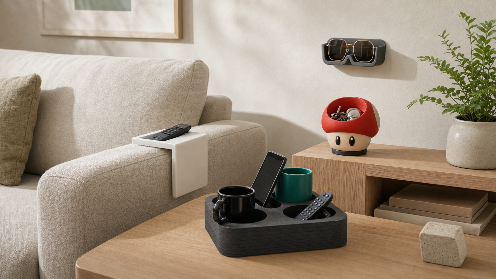 Parallel Objects organizers arranged in a living room